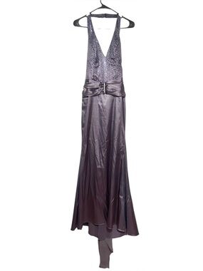 Vintage Lenovia Y2K Charcoal Gray Halter Formal Dress Gown Sequin Ruched